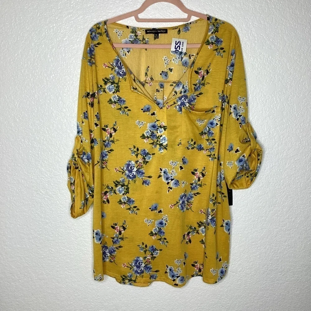 NEW ALWAYS INDIGO‎ PLUS SIZE 3X TOP YELLOW BLUE FLORAL BLOUSE NWT - Picture 2 of 8